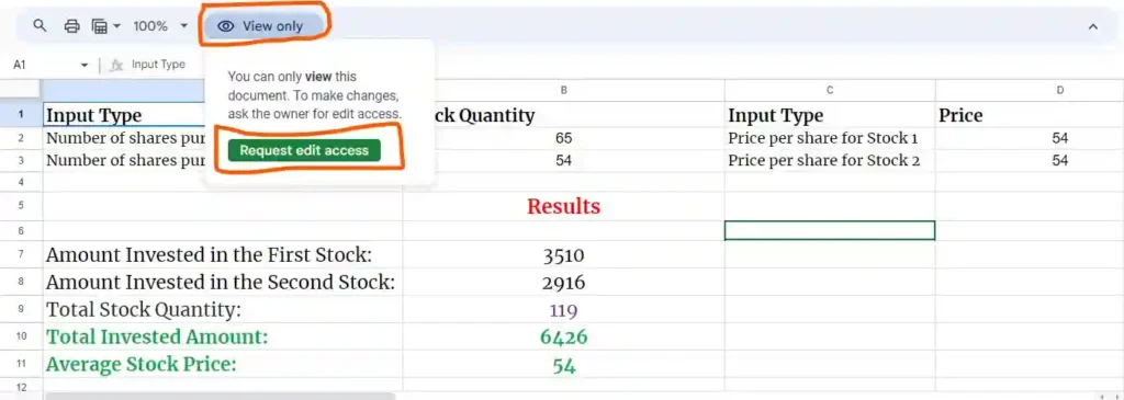 Stock Average Price Calculator Excel Access Request